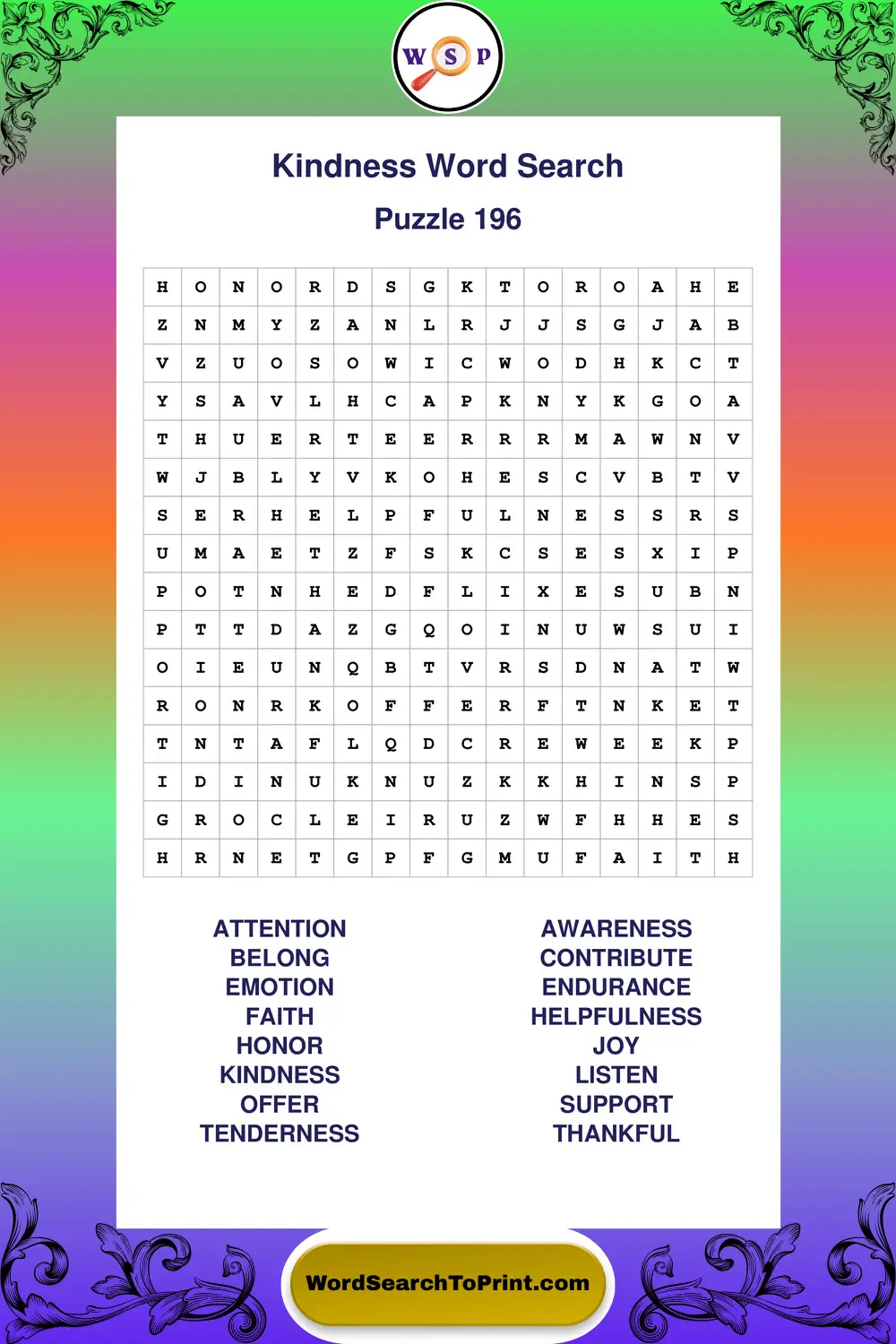 Kindness Word Search Puzzle 196