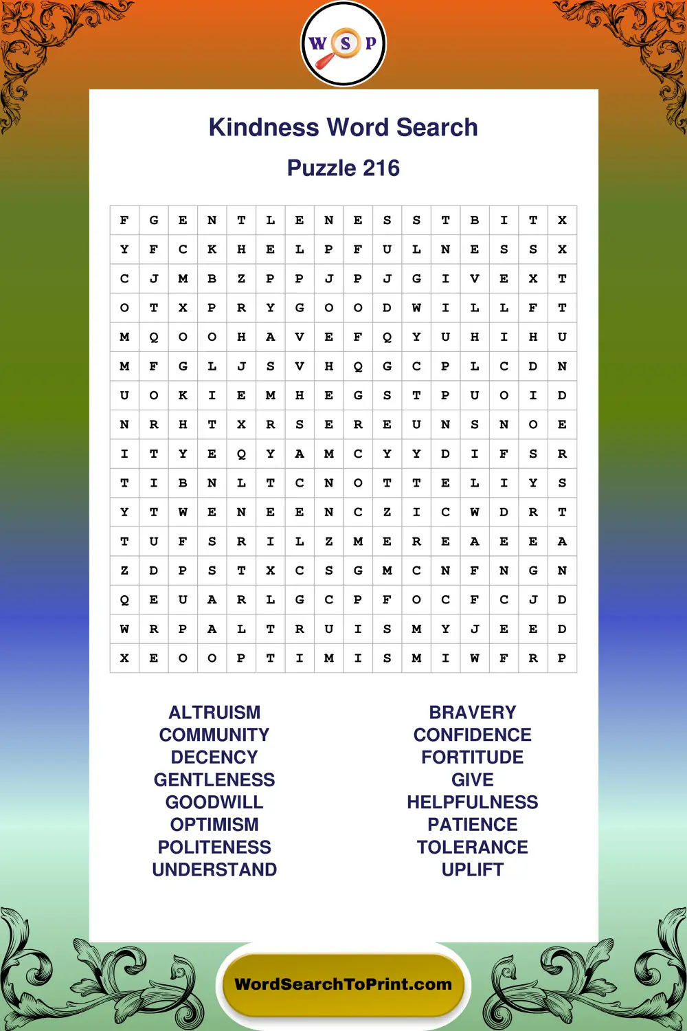 Kindness Word Search Puzzle 216