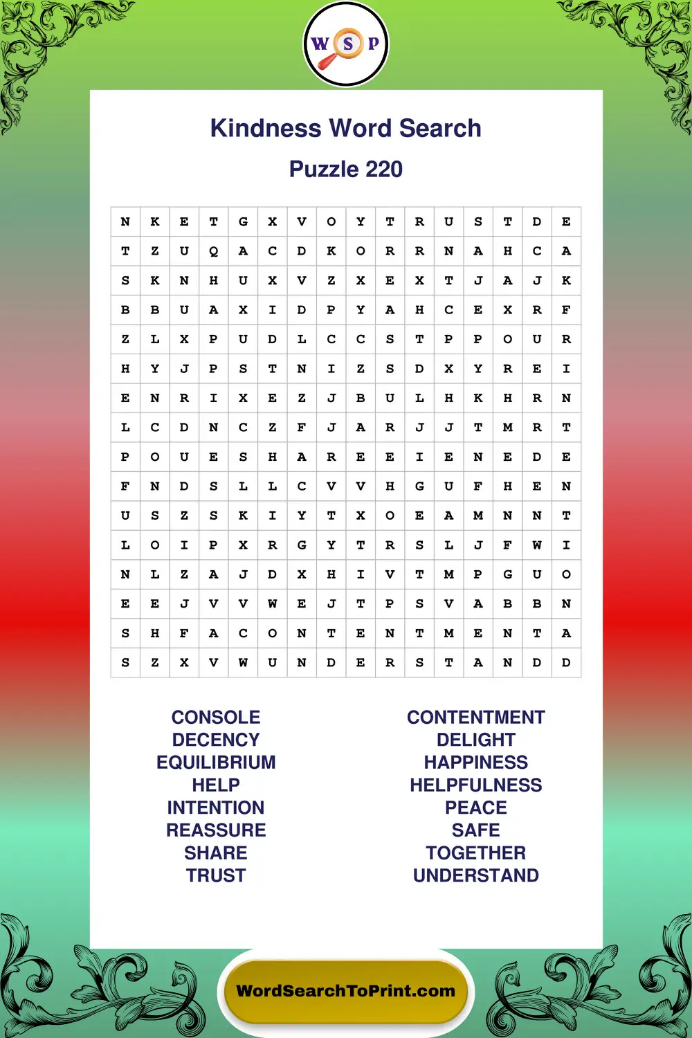 Kindness Word Search Puzzle 220