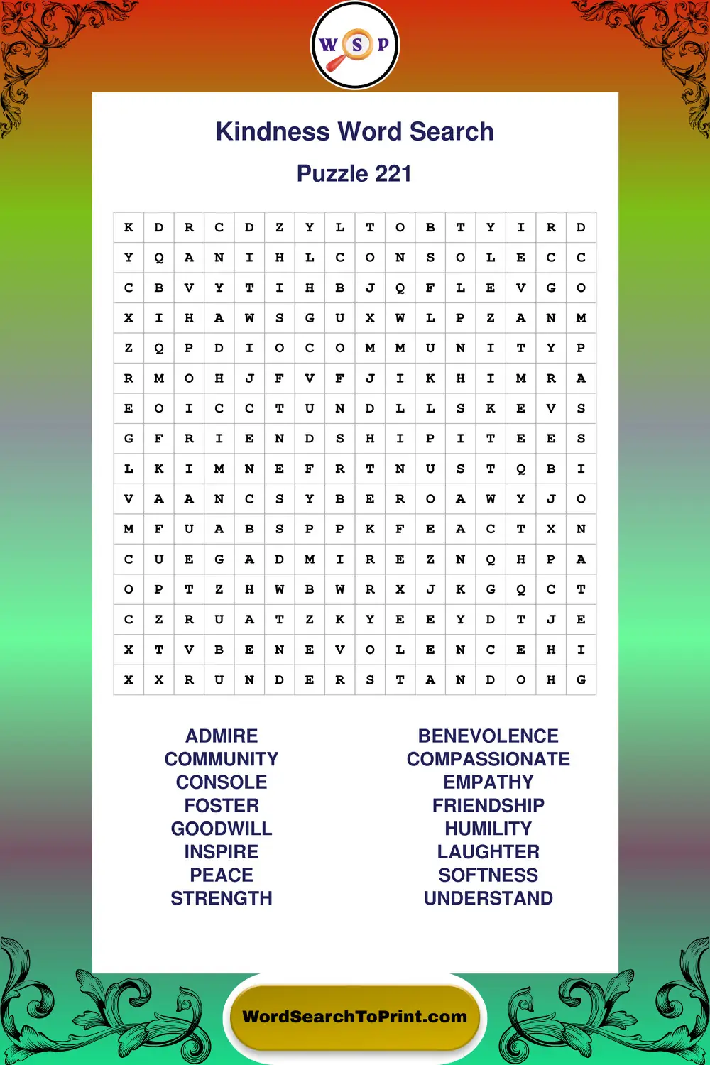 Kindness Word Search Puzzle 221