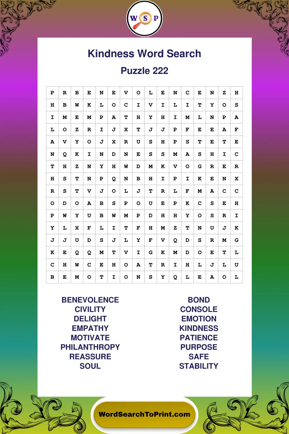 Kindness Word Search Puzzle 222