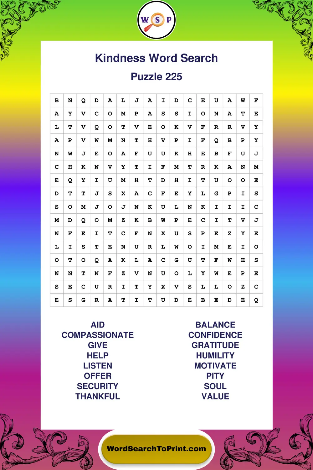 Kindness Word Search Puzzle 225