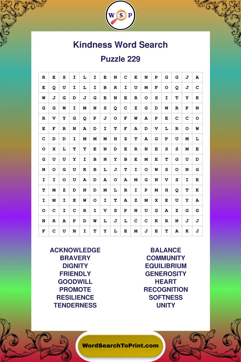 Kindness Word Search Puzzle 229