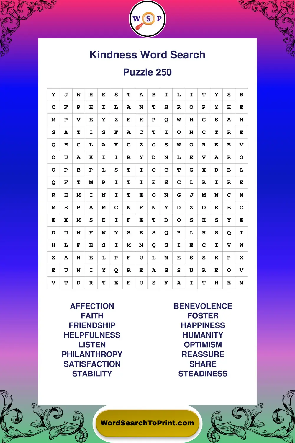 Kindness Word Search Puzzle 250