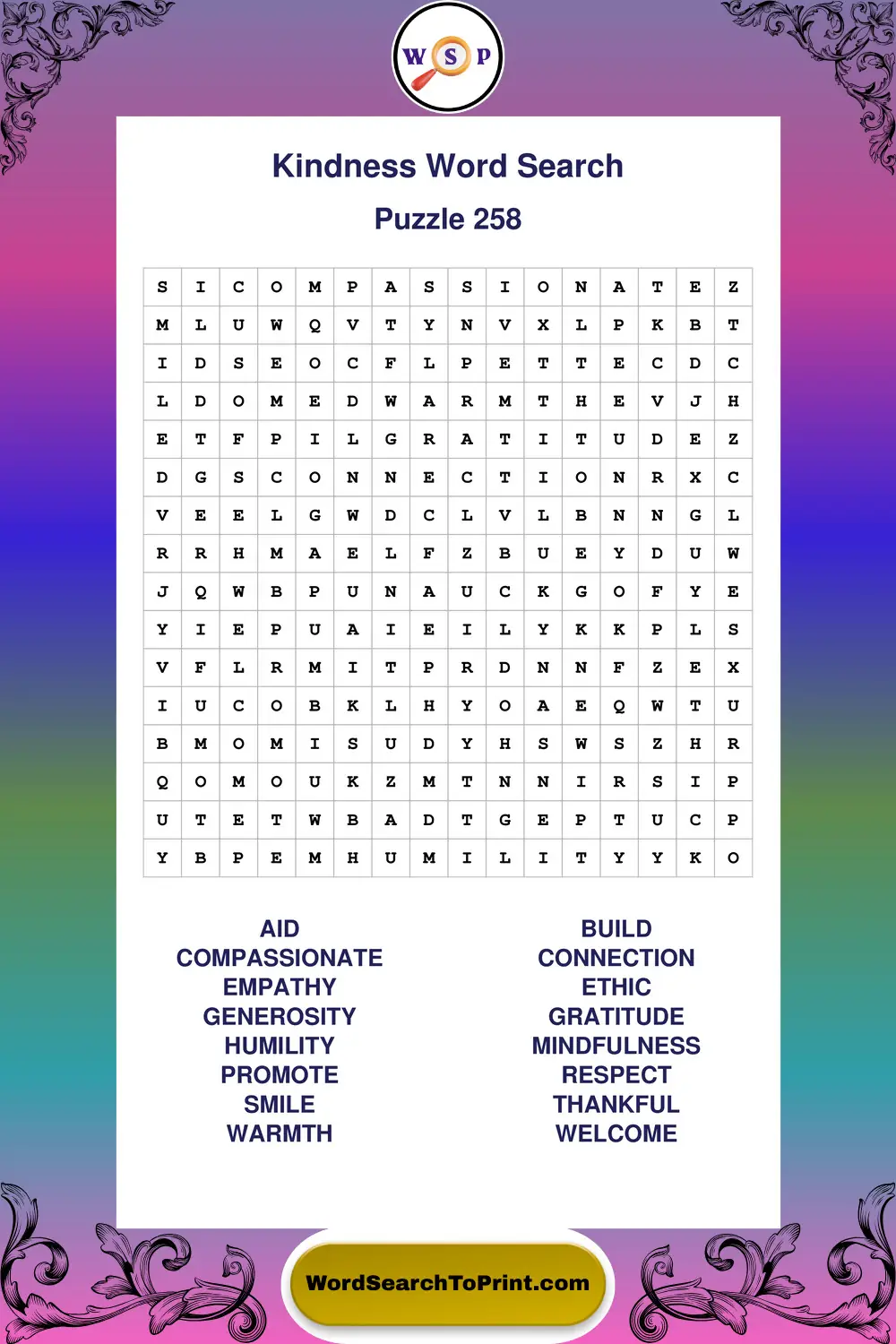 Kindness Word Search Puzzle 258