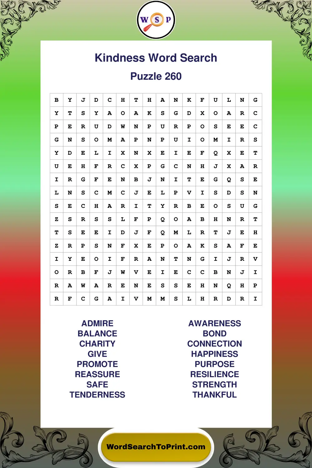 Kindness Word Search Puzzle 260