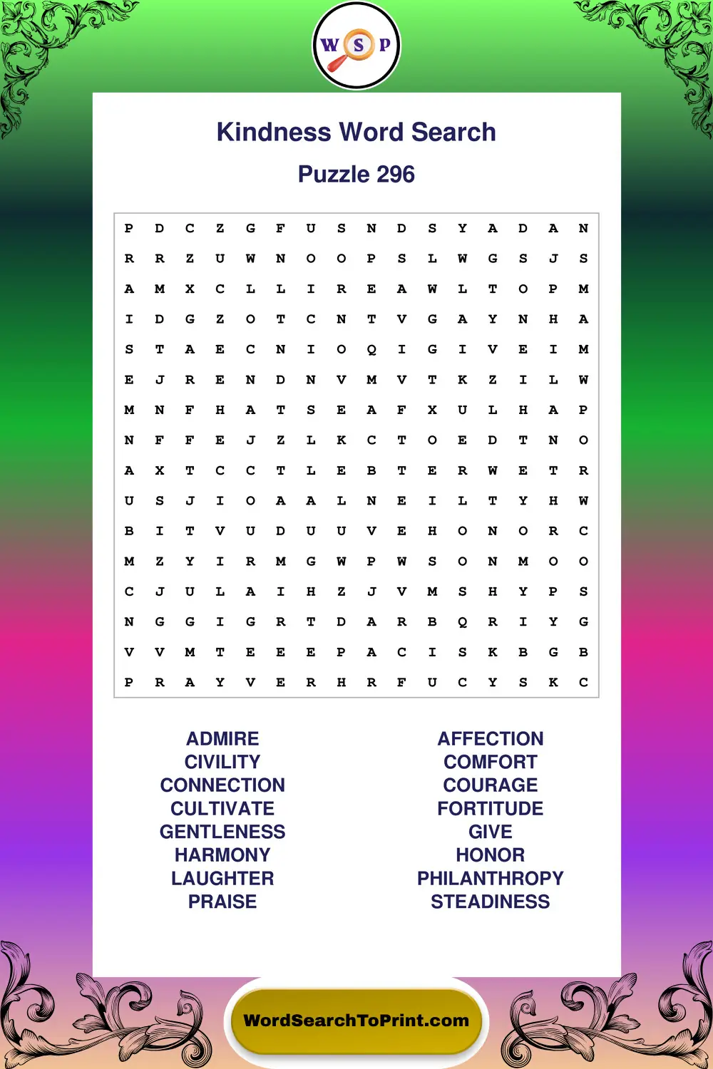 Kindness Word Search Puzzle 296