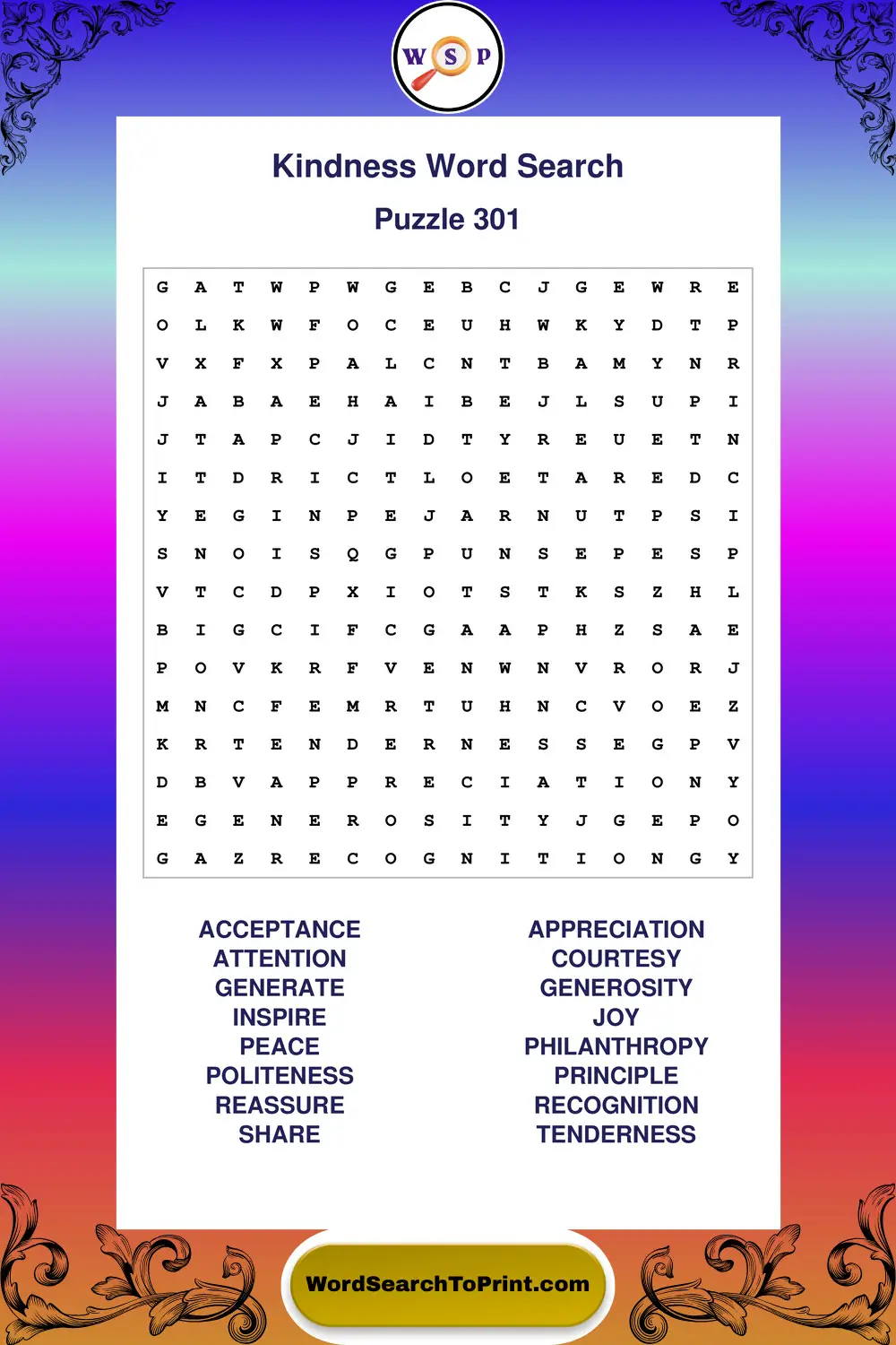 Kindness Word Search Puzzle 301