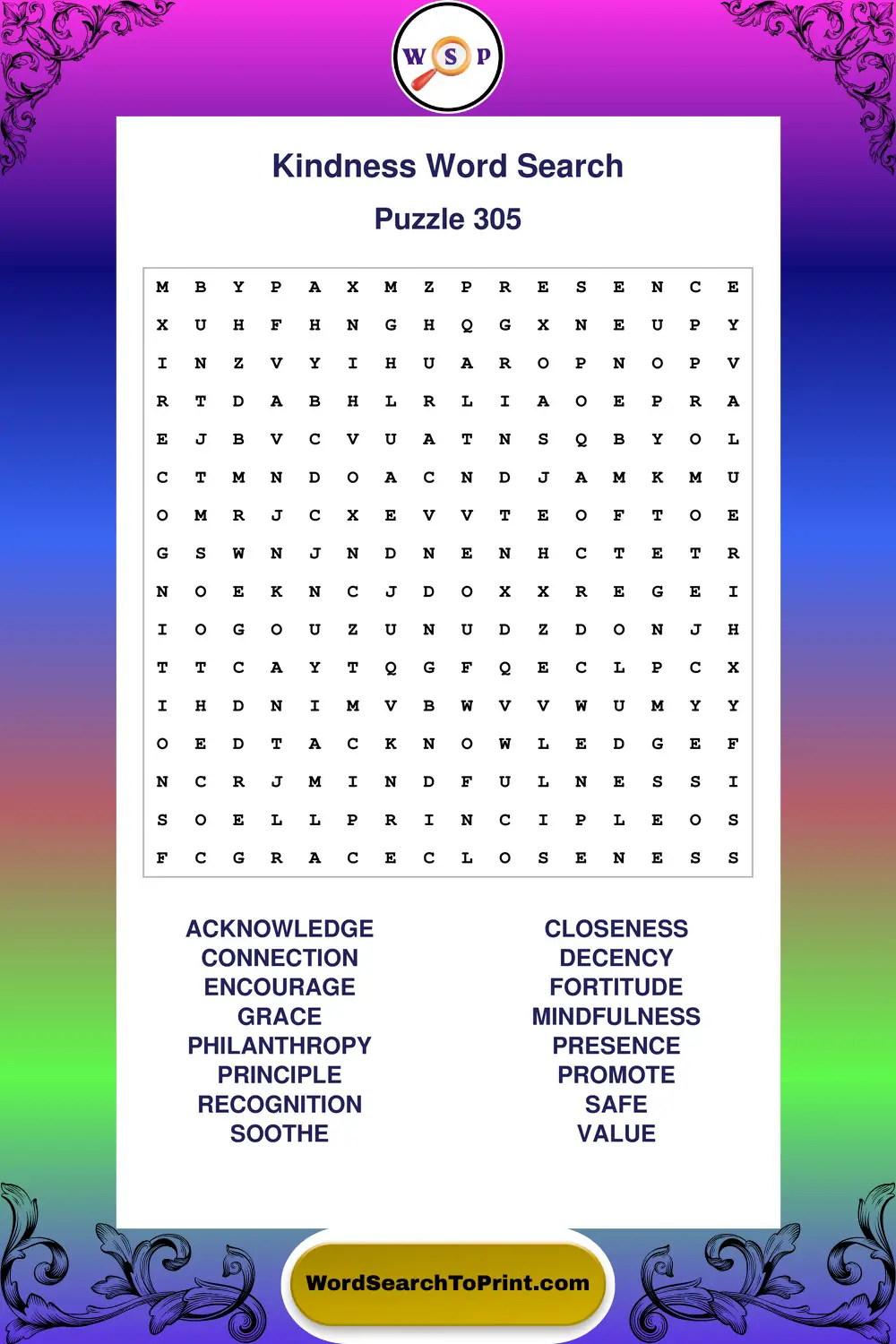 Kindness Word Search Puzzle 305