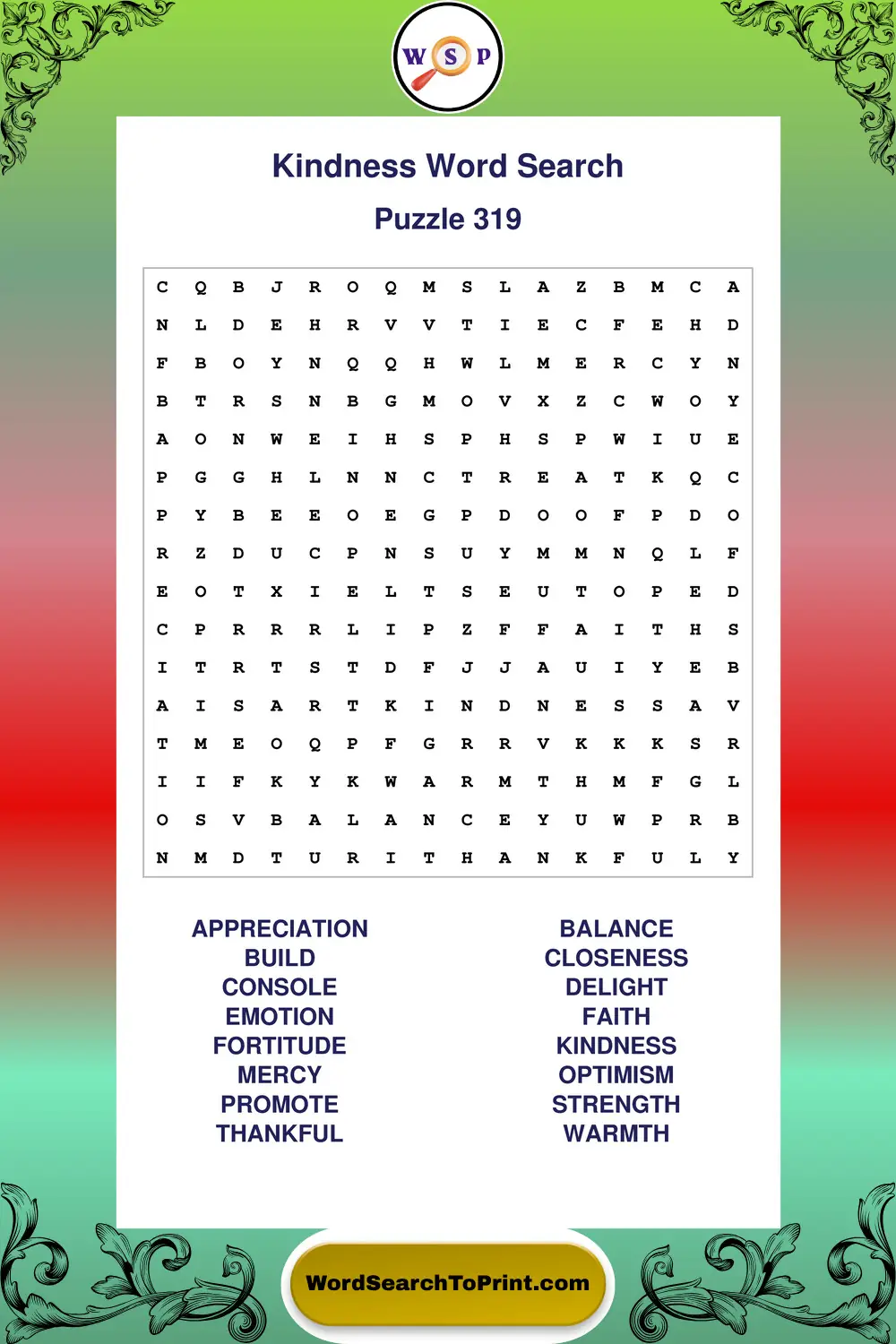 Kindness Word Search Puzzle 319
