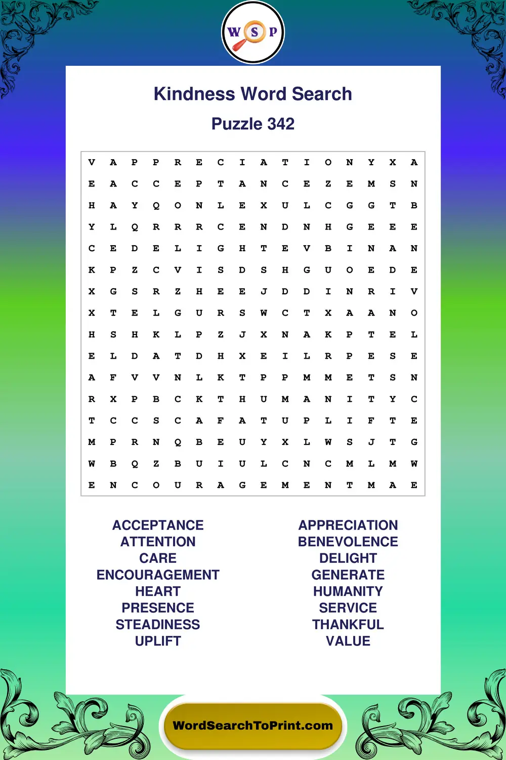 Kindness Word Search Puzzle 342