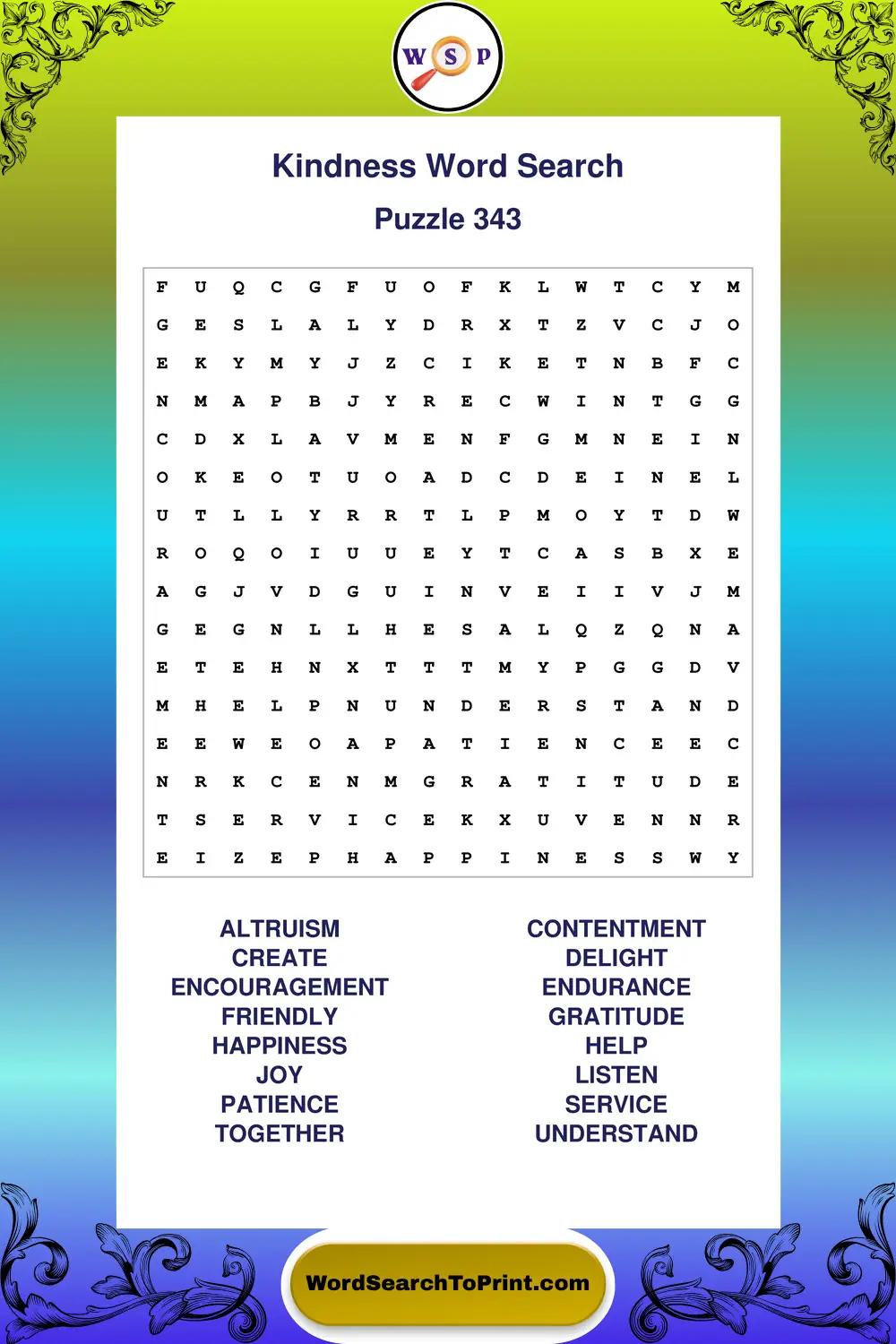 Kindness Word Search Puzzle 343