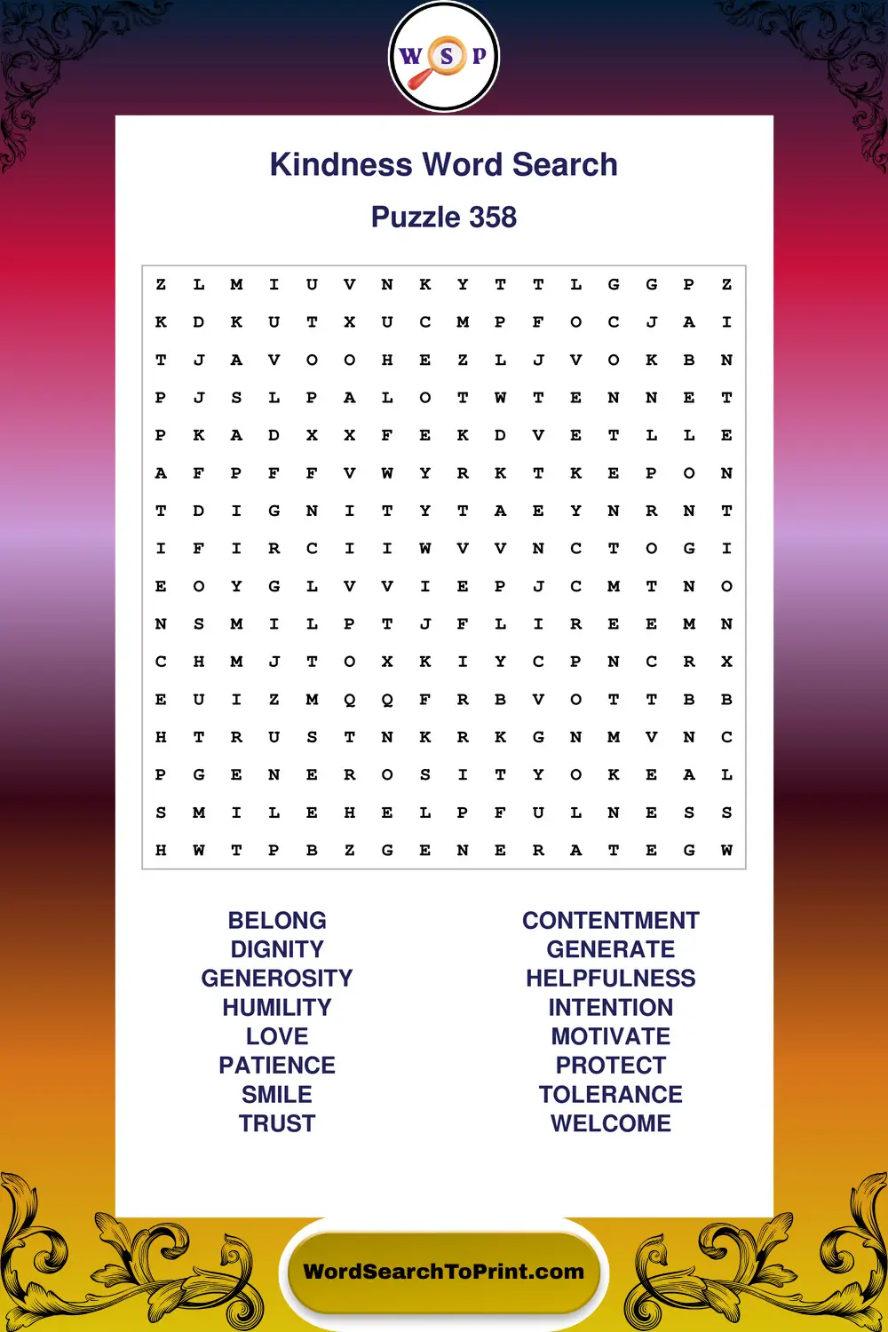 Kindness Word Search Puzzle 358