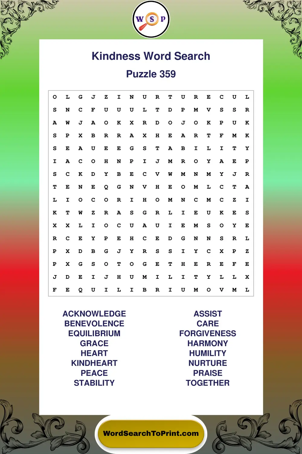 Kindness Word Search Puzzle 359