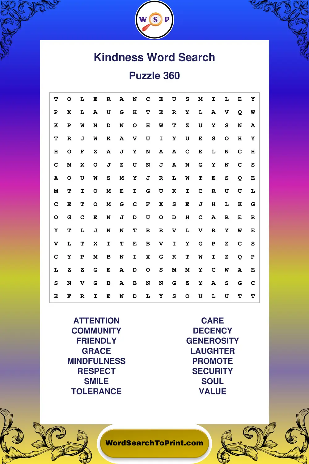 Kindness Word Search Puzzle 360