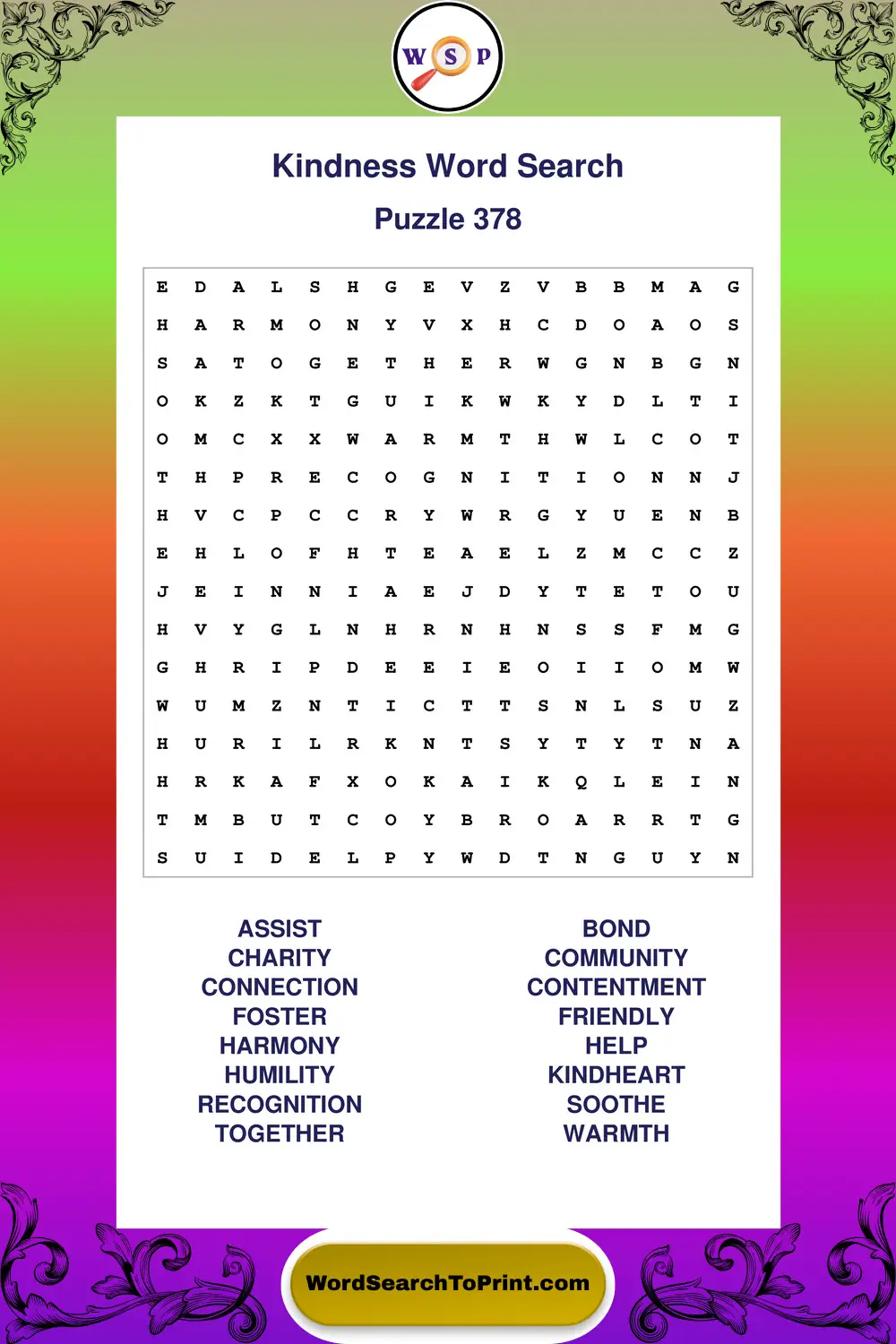 Kindness Word Search Puzzle 378