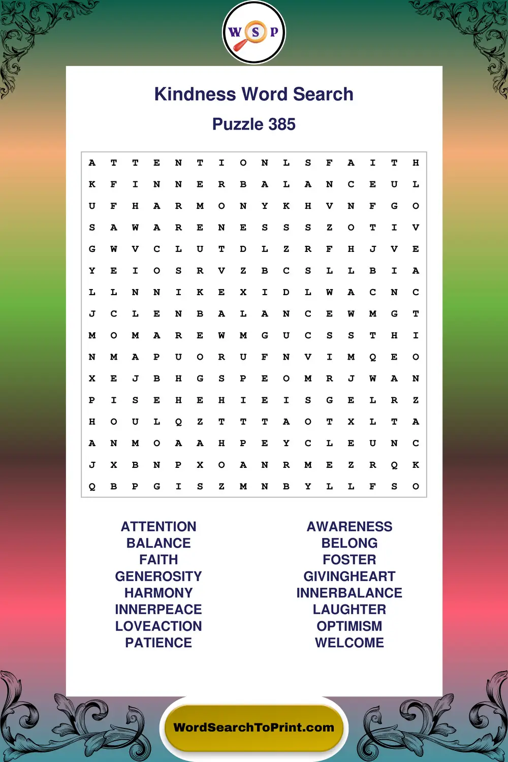 Kindness Word Search Puzzle 385