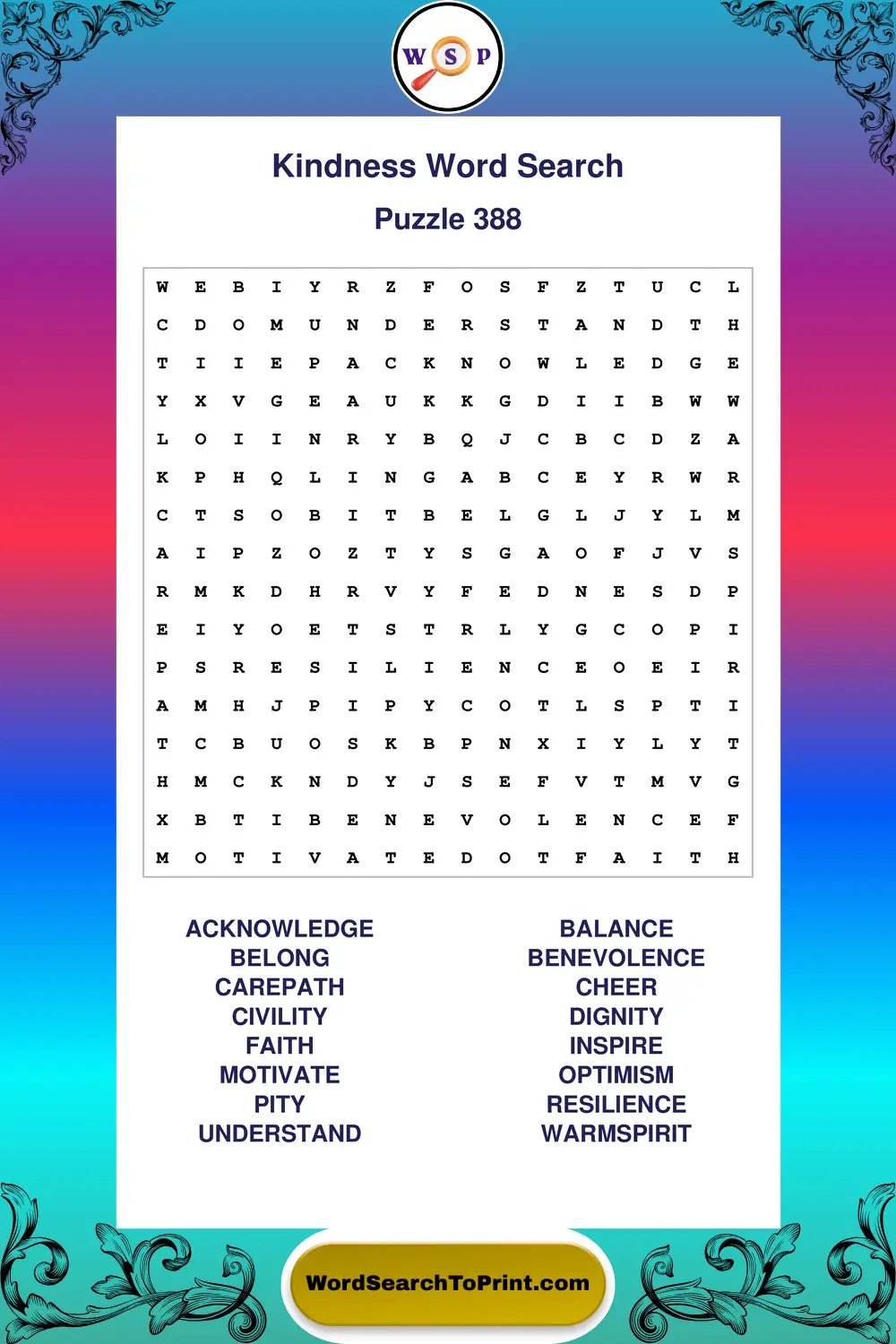 Kindness Word Search Puzzle 388