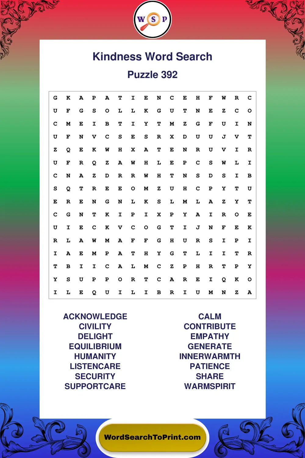 Kindness Word Search Puzzle 392