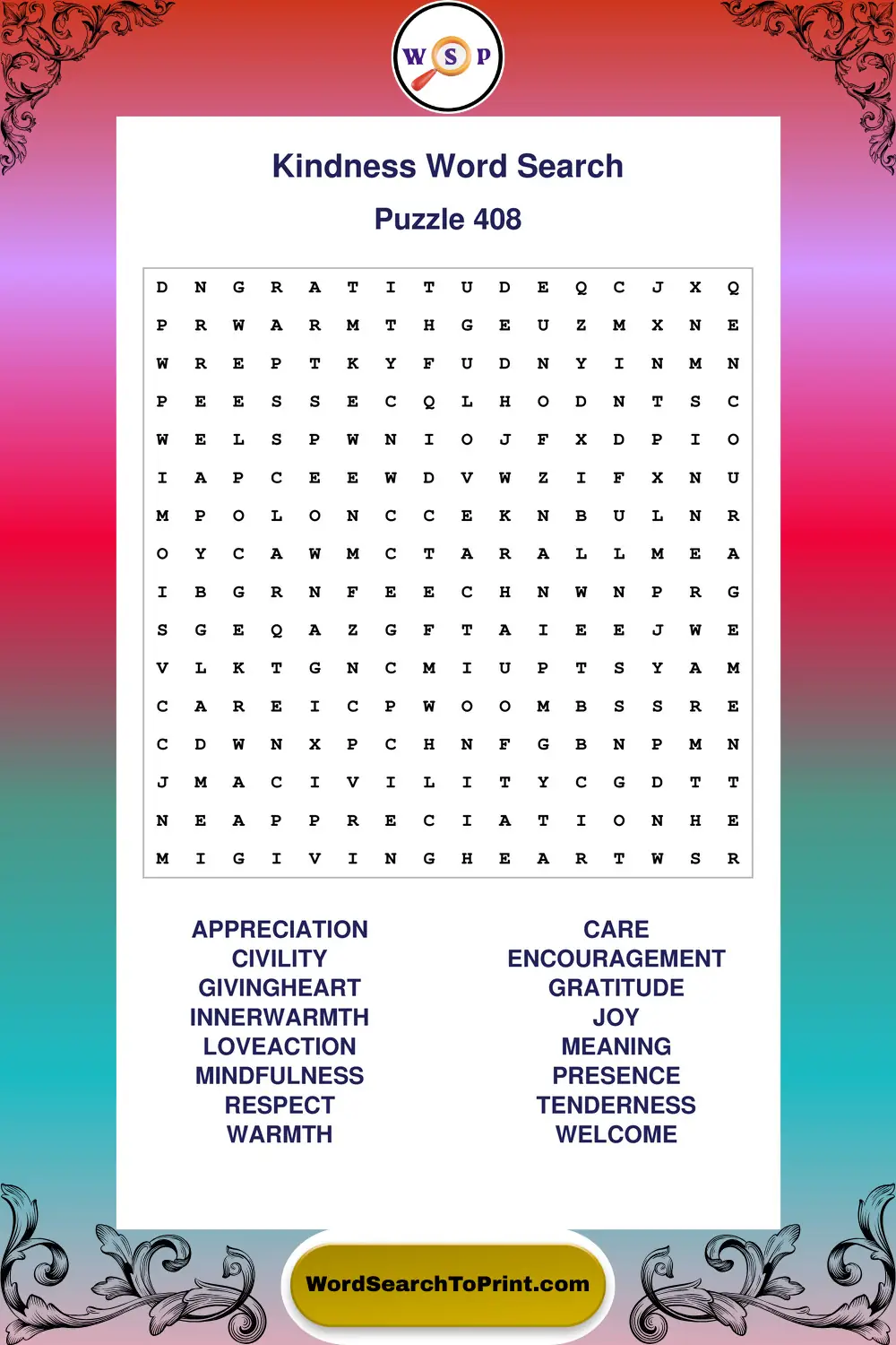 Kindness Word Search Puzzle 408