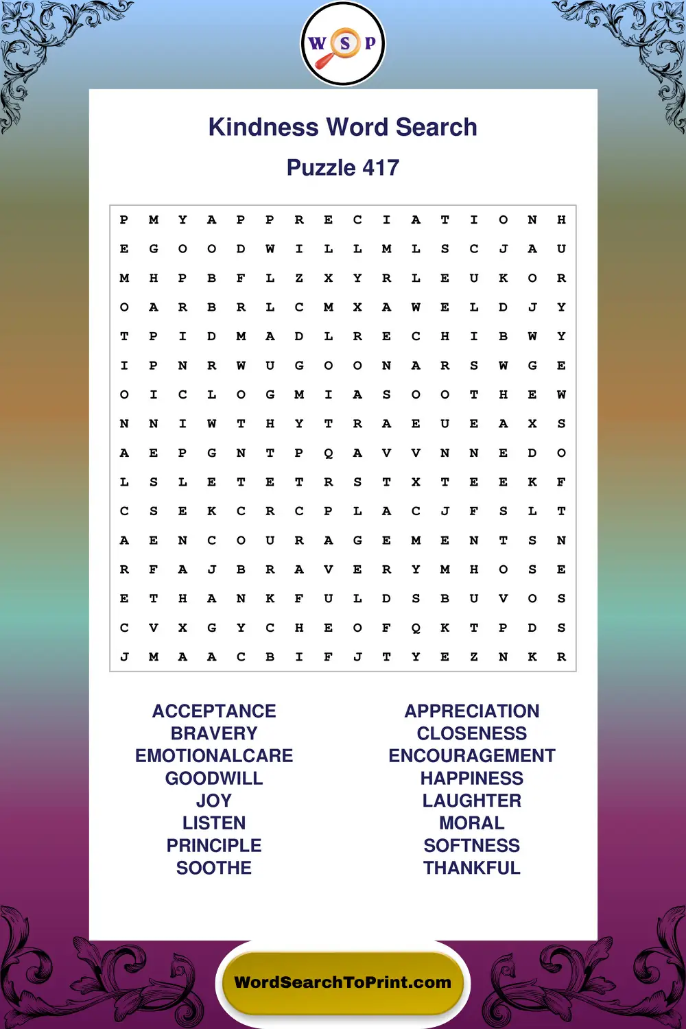 Kindness Word Search Puzzle 417