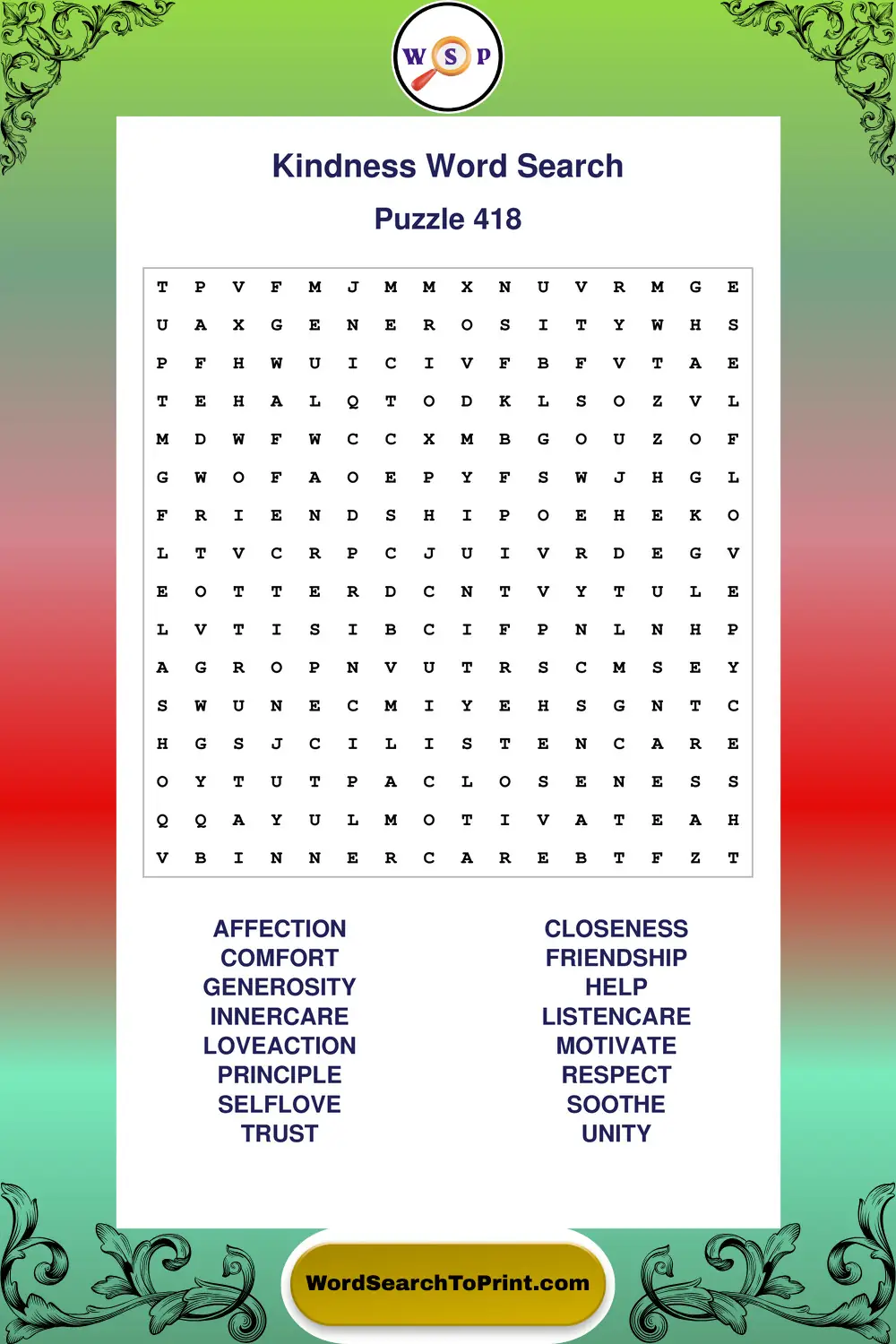 Kindness Word Search Puzzle 418