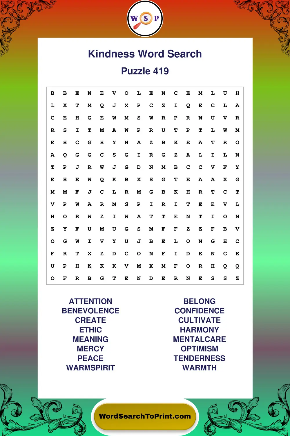 Kindness Word Search Puzzle 419