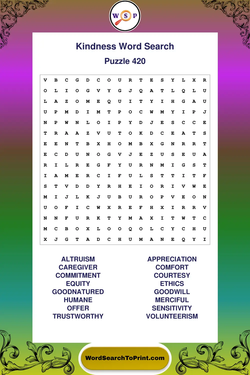 Kindness Word Search Puzzle 420