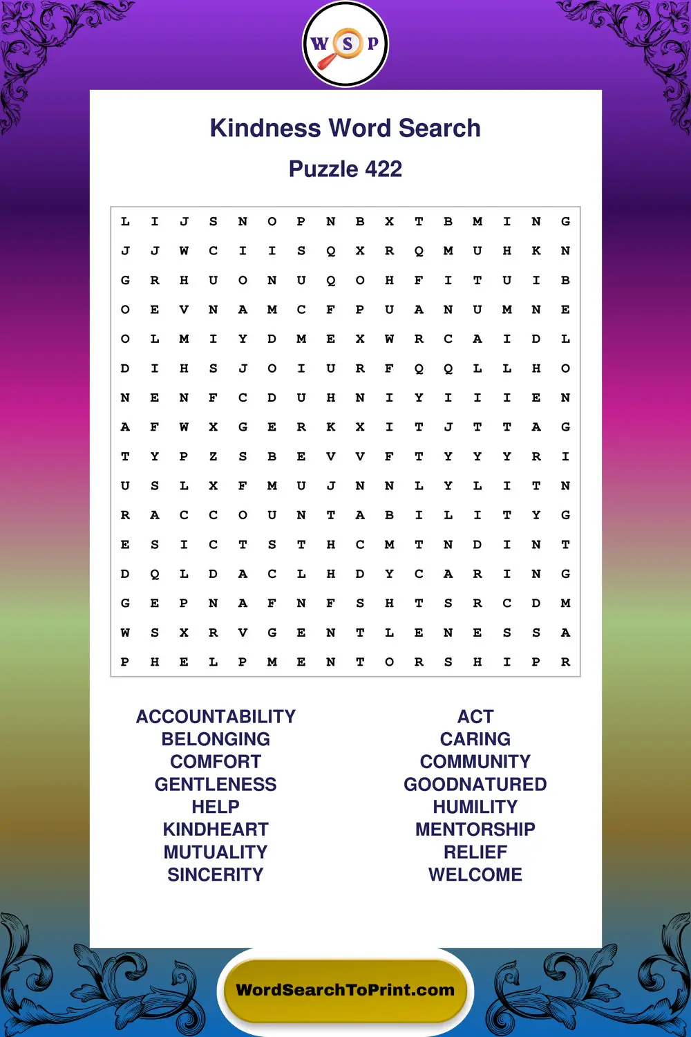 Kindness Word Search Puzzle 422