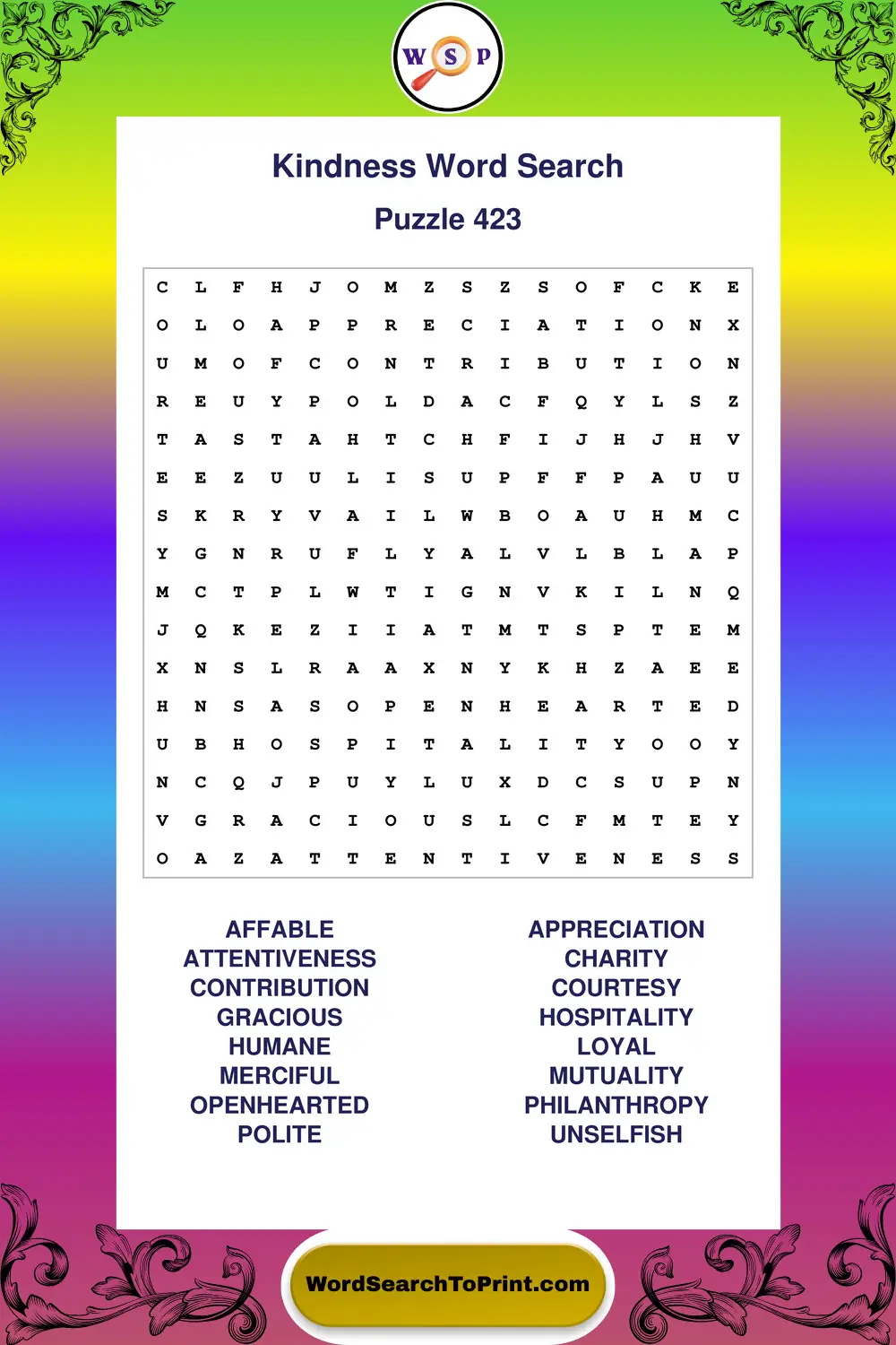 Kindness Word Search Puzzle 423