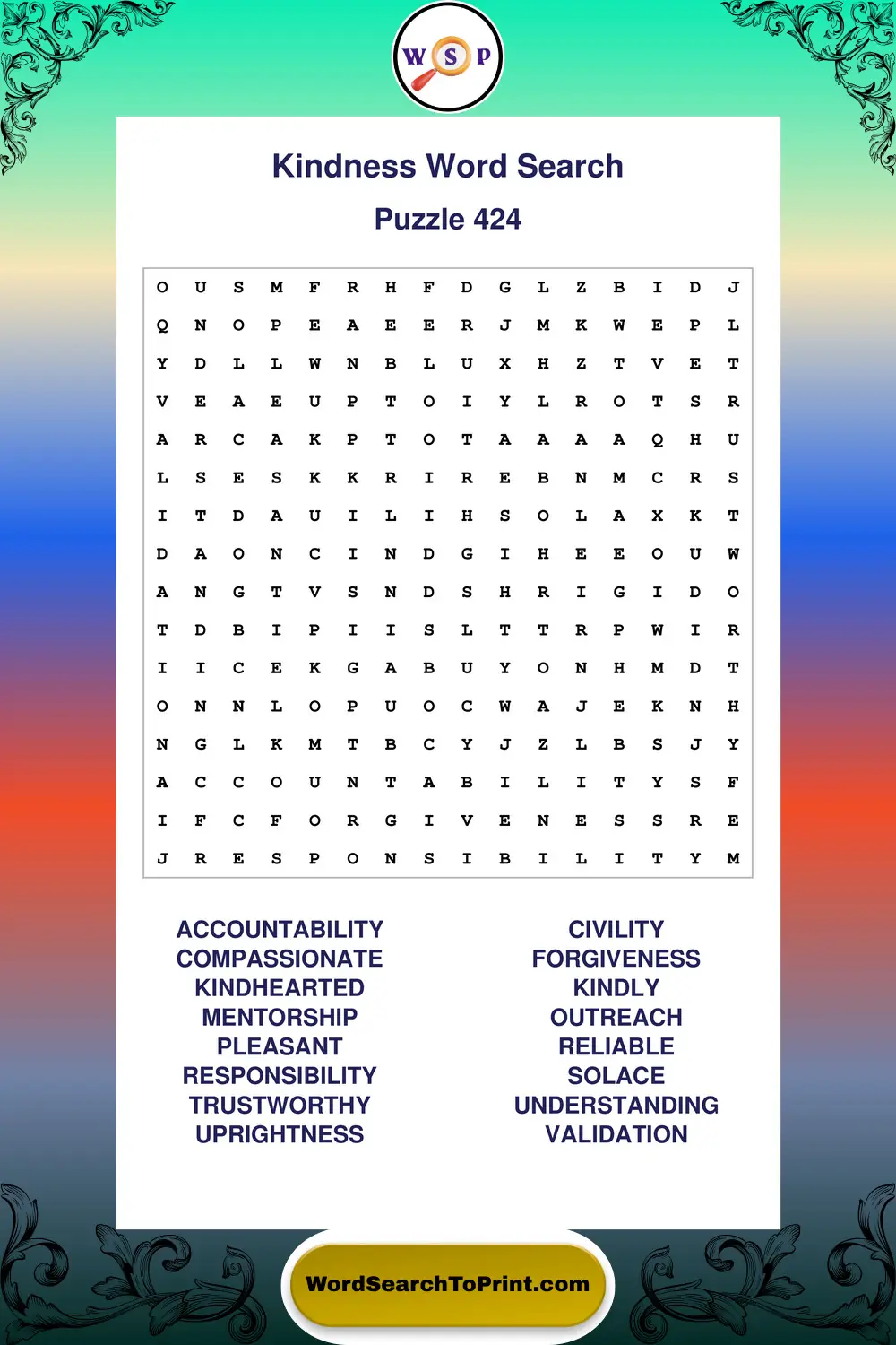 Kindness Word Search Puzzle 424