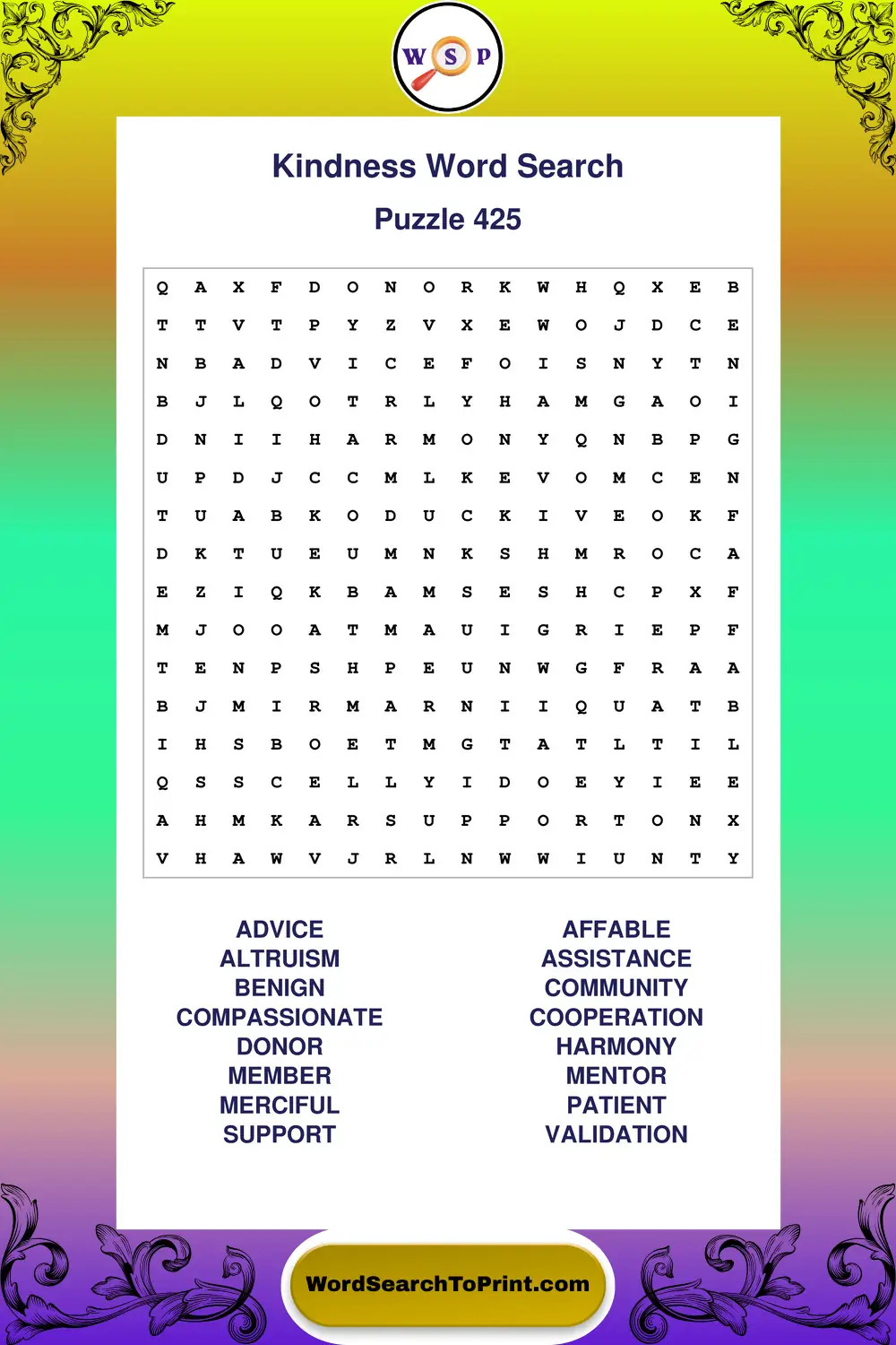 Kindness Word Search Puzzle 425