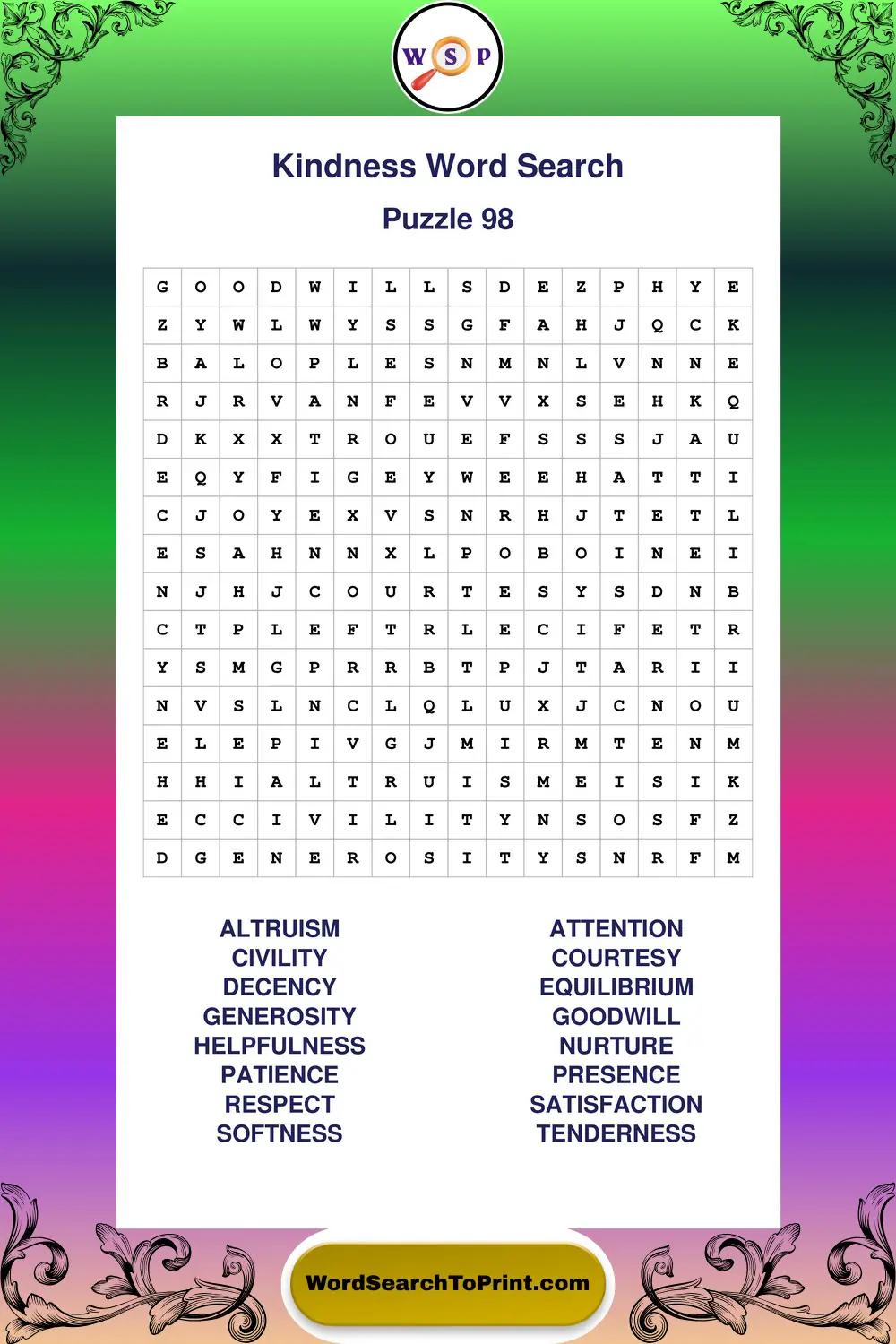 Kindness Word Search Puzzle 98