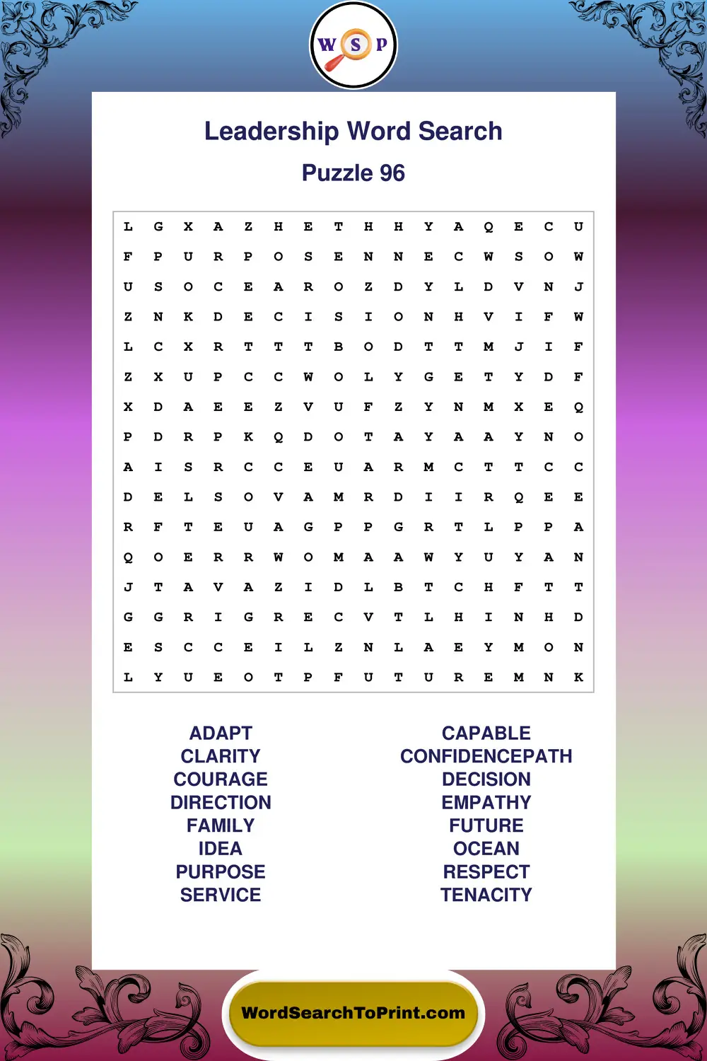 Leadership Word Search Puzzle 96