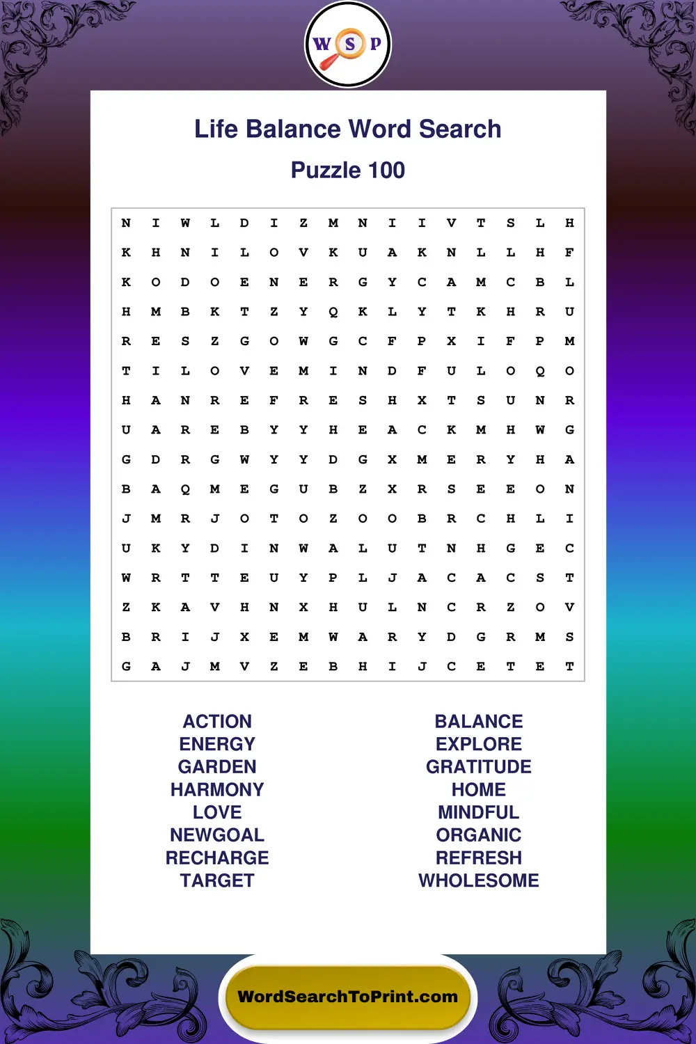 Life Balance Word Search Puzzle 100