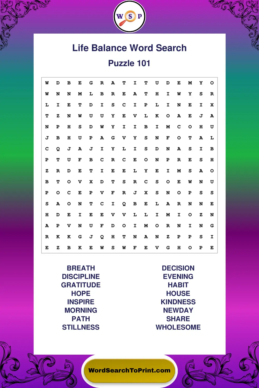 Life Balance Word Search Puzzle 101