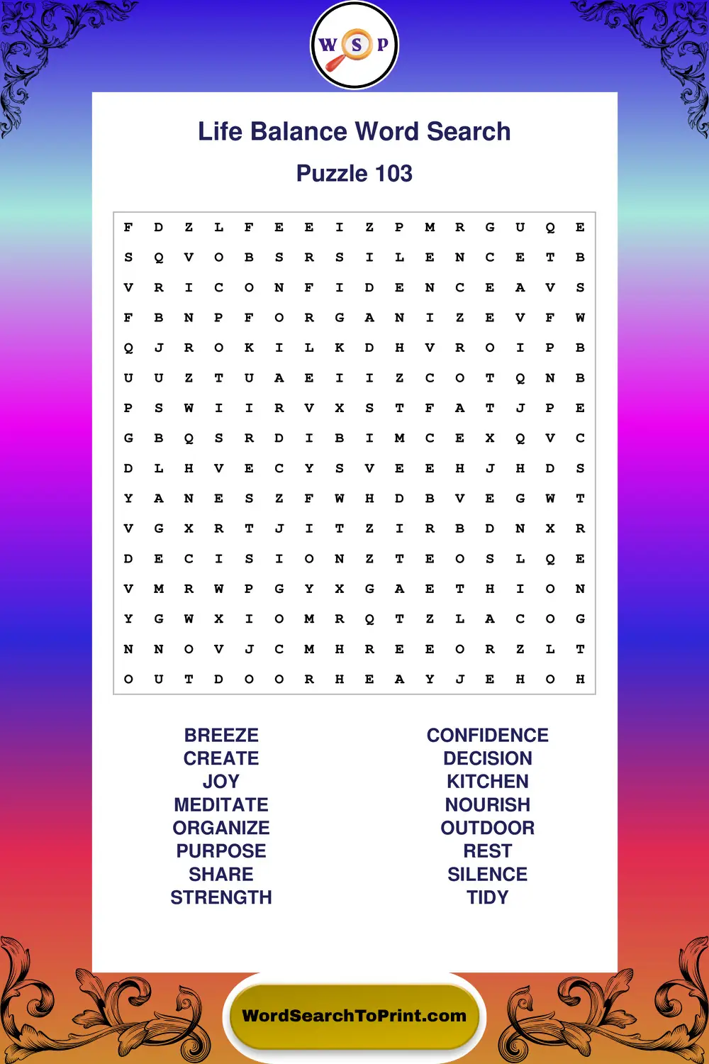 Life Balance Word Search Puzzle 103