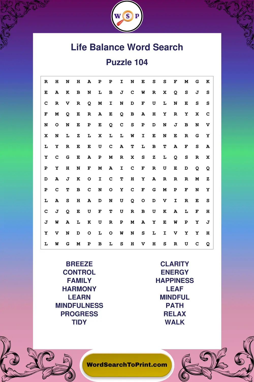Life Balance Word Search Puzzle 104