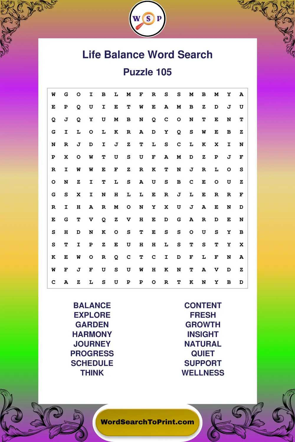 Life Balance Word Search Puzzle 105