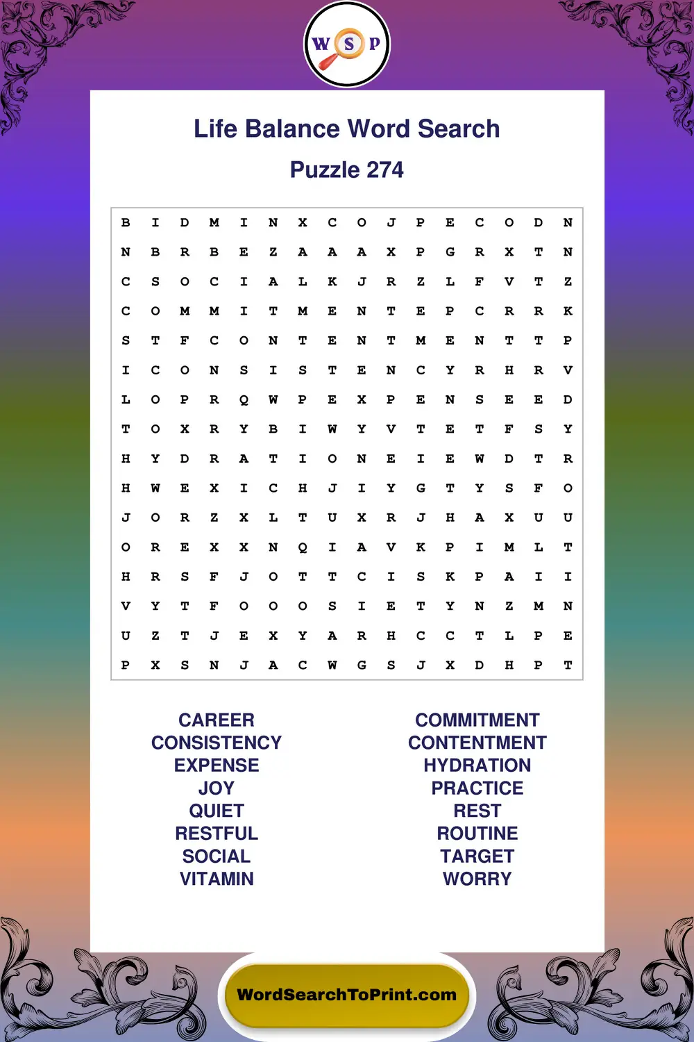 Life Balance Word Search Puzzle 274
