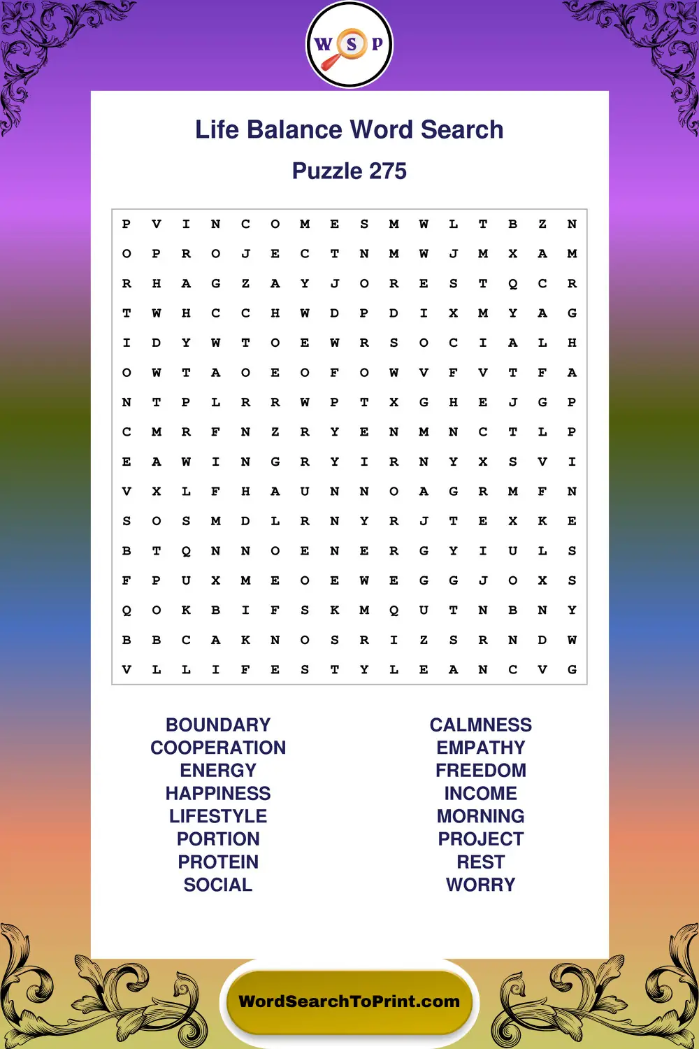 Life Balance Word Search Puzzle 275