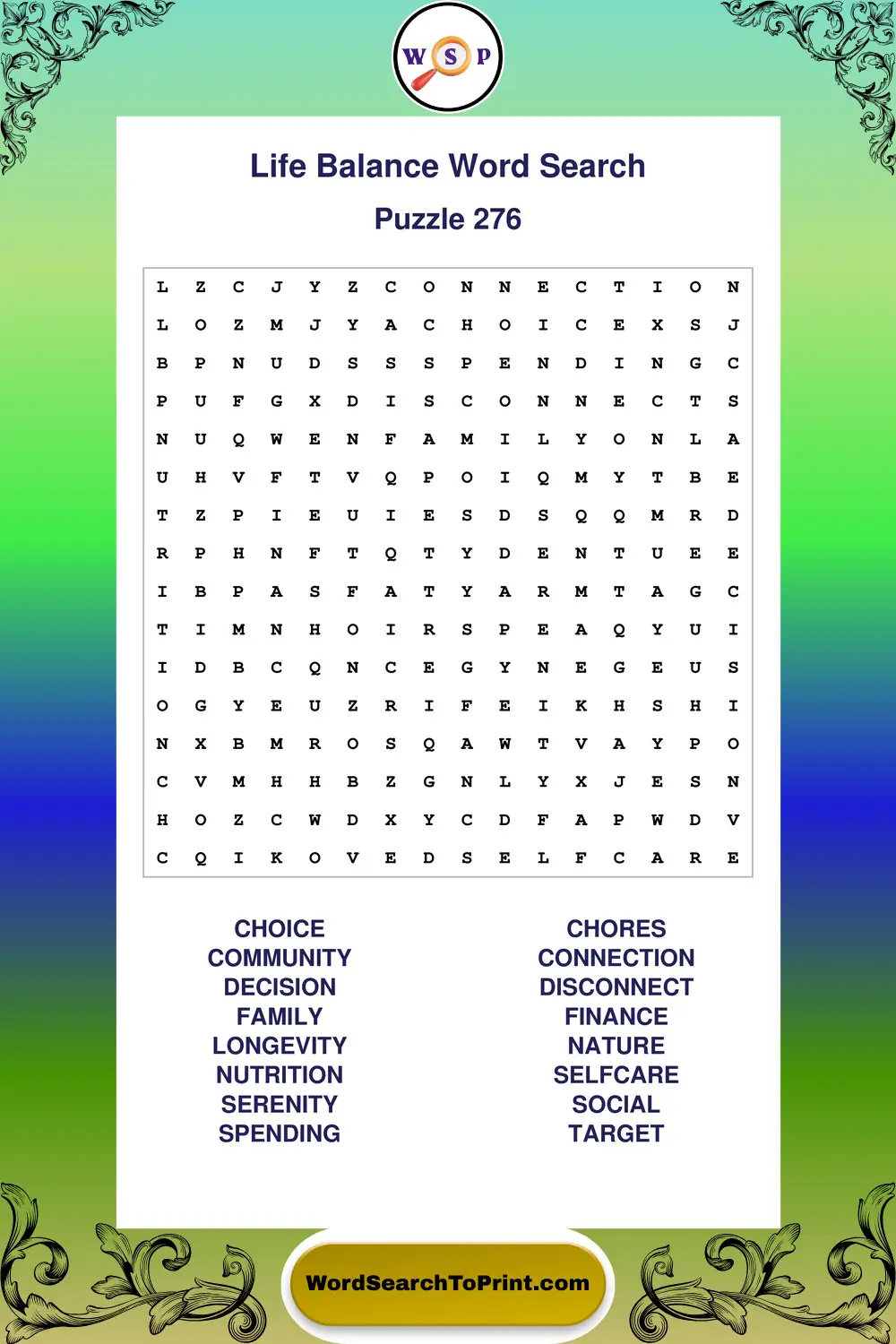 Life Balance Word Search Puzzle 276