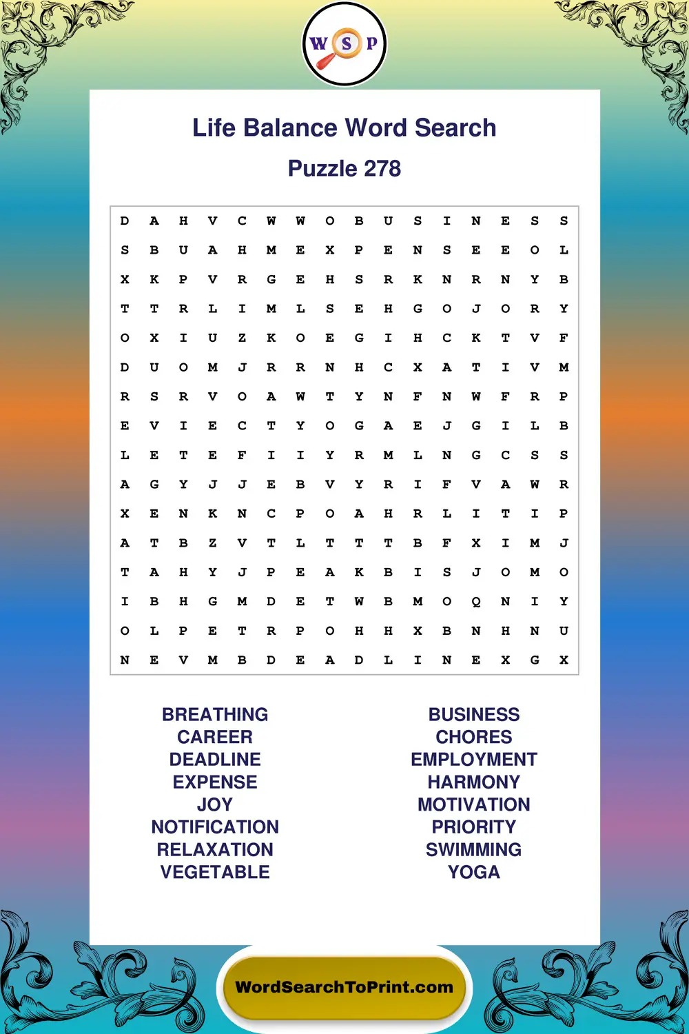 Life Balance Word Search Puzzle 278
