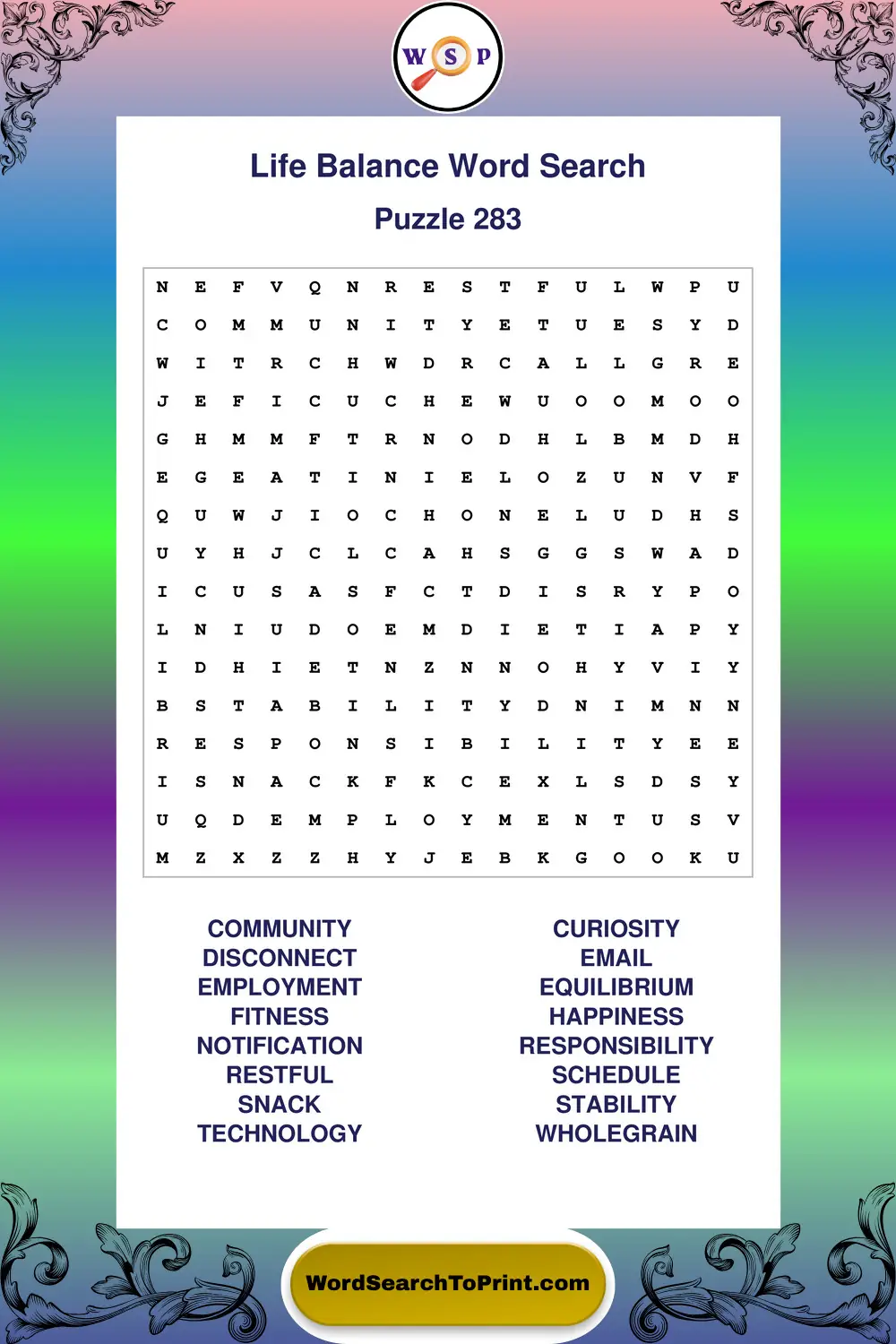 Life Balance Word Search Puzzle 283