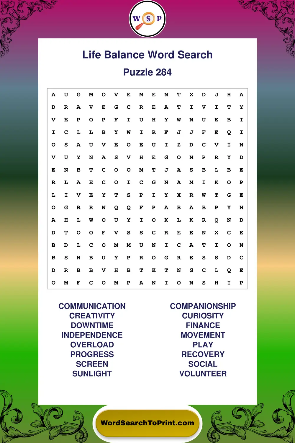 Life Balance Word Search Puzzle 284
