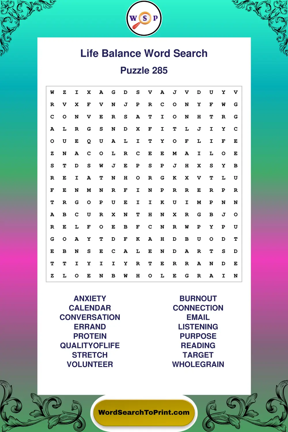 Life Balance Word Search Puzzle 285