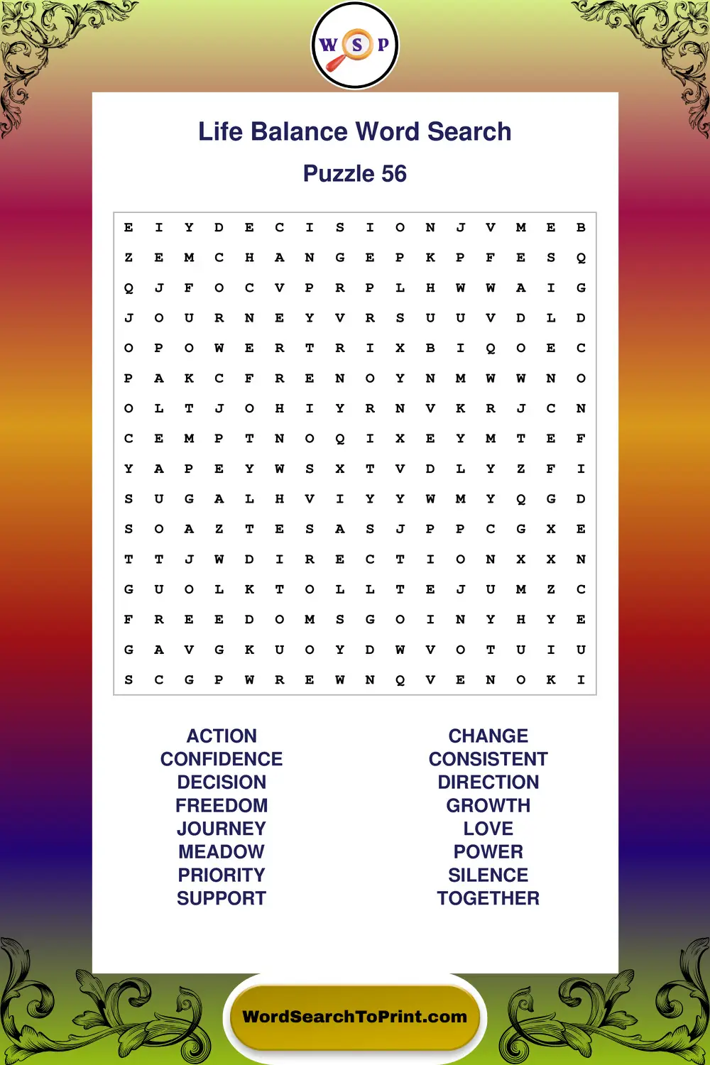 Life Balance Word Search Puzzle 56