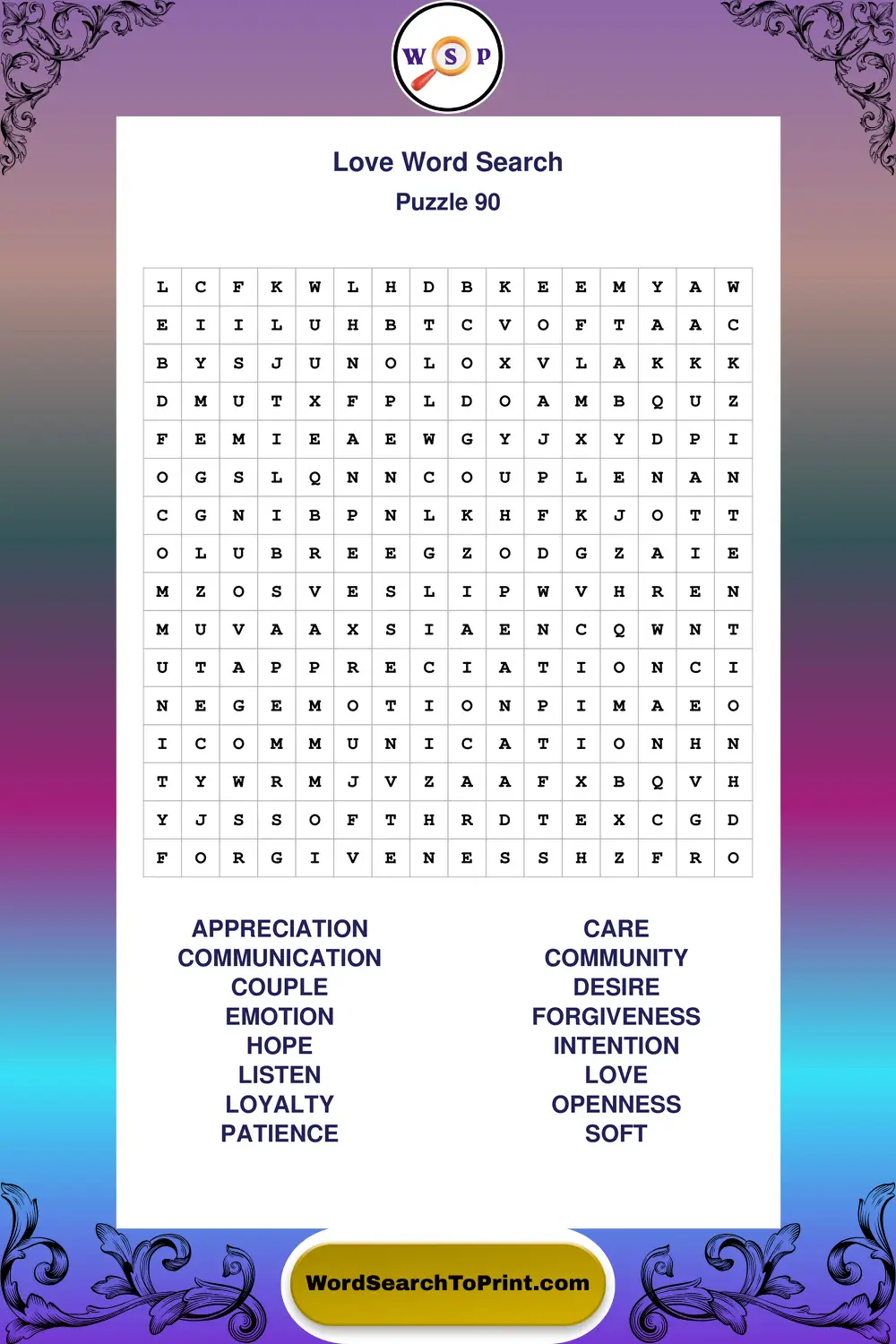 Love Word Search Puzzle 90