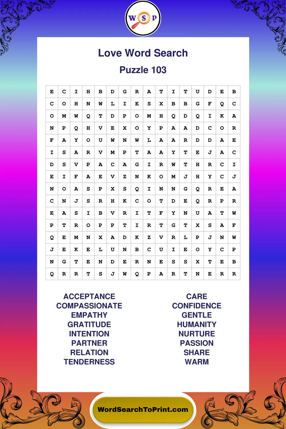 Love Word Search Puzzle 103