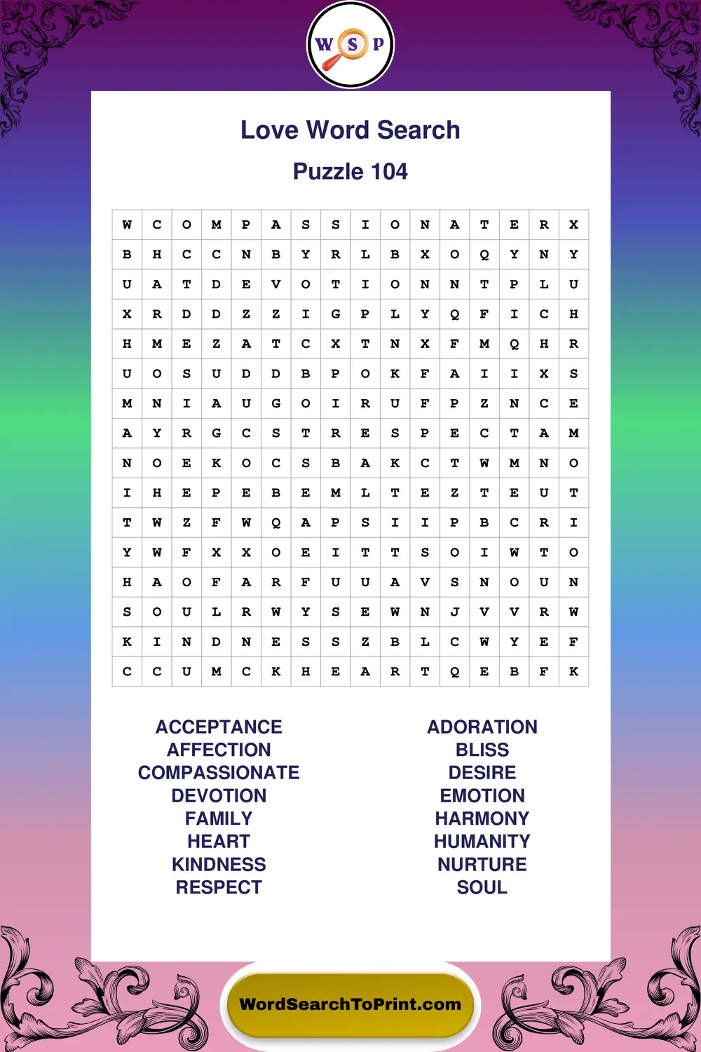 Love Word Search Puzzle 104